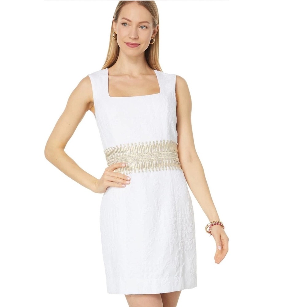 Lilly‎ Pulitzer Rubina White Pineapple Jacquard Gold Trim Shift Dress 8